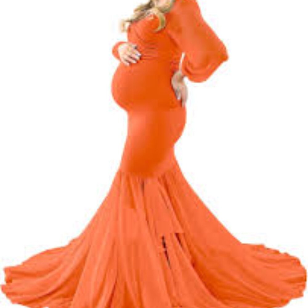 NWT Saslax Long Chiffon Sleeve Tired Mermaid Maternity Dress/Off-White - Size M